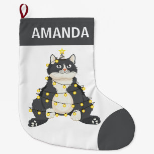 Christmas Tuxedo Cat Pun for Pet Lover, Winter Fun Large Christmas Stocking