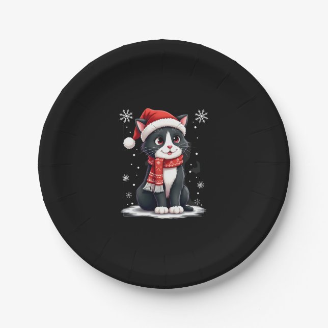 Christmas Tuxedo Cat Santa Scarf Ugly Xmas Women G Paper Plate (Front)