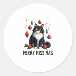 Christmas Tuxedo Cat with Holiday Decorations Merr Classic Round Sticker