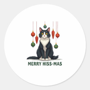 Christmas Tuxedo Cat with Holiday Decorations Merr Classic Round Sticker