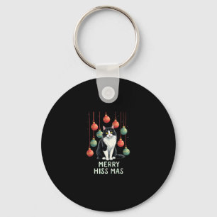 Christmas Tuxedo Cat with Holiday Decorations Merr Key Ring