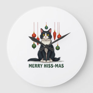 Christmas Tuxedo Cat with Holiday Decorations Merr Large Clock