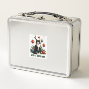 Christmas Tuxedo Cat with Holiday Decorations Merr Metal Lunch Box