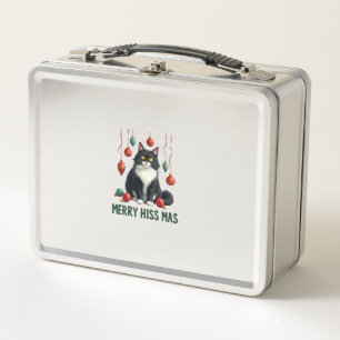 Christmas Tuxedo Cat with Holiday Decorations Merr Metal Lunch Box