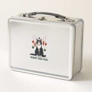 Christmas Tuxedo Cat with Holiday Decorations Merr Metal Lunch Box