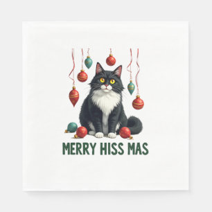 Christmas Tuxedo Cat with Holiday Decorations Merr Napkin