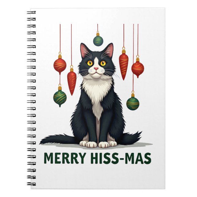 Christmas Tuxedo Cat with Holiday Decorations Merr Notebook (Front)