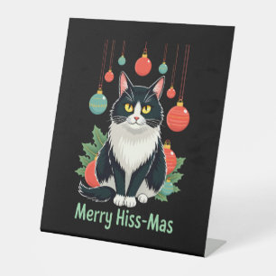 Christmas Tuxedo Cat with Holiday Decorations Merr Pedestal Sign