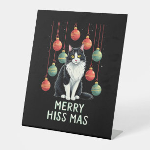 Christmas Tuxedo Cat with Holiday Decorations Merr Pedestal Sign