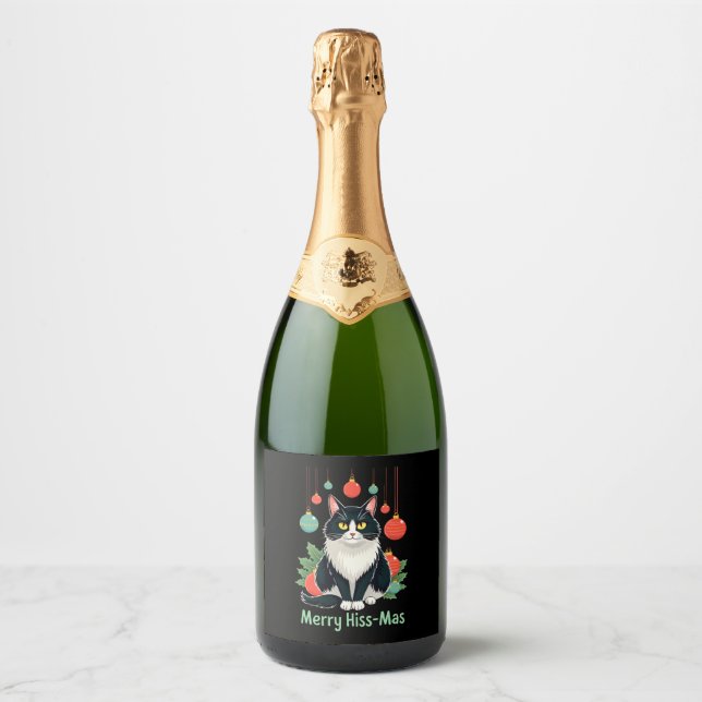 Christmas Tuxedo Cat with Holiday Decorations Merr Sparkling Wine Label (Front)