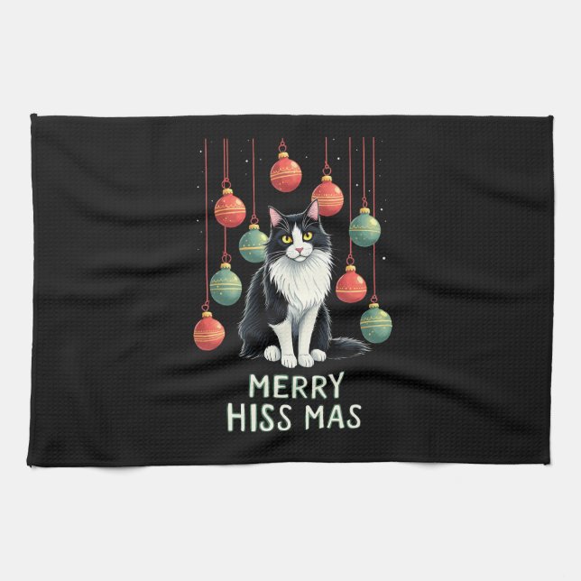 Christmas Tuxedo Cat with Holiday Decorations Merr Tea Towel (Horizontal)