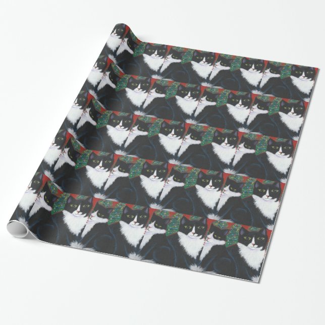 Christmas tuxedo cat wrapping paper (Unrolled)