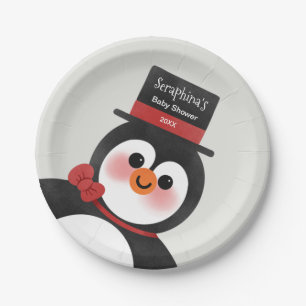 Christmas Tuxedo Penguin Personalised Baby Shower Paper Plate