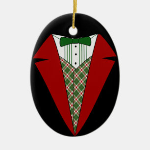 Christmas Tuxedo, Red and Green Elf Ceramic Ornament