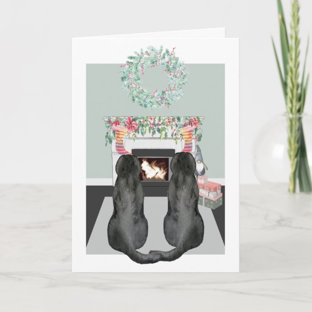 Christmas Two Black Labrador Dogs Fireplace Scene Holiday Card (Front)