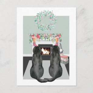 Christmas Two Black Labrador Dogs Fireplace Scene Holiday Postcard