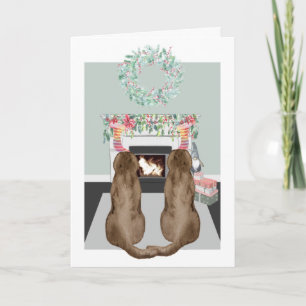 Christmas Two Choc Labrador Dogs Fireplace Scene Holiday Card