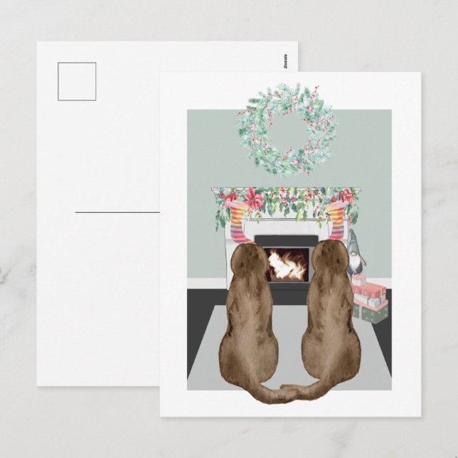 Christmas Two Choc Labrador Dogs Fireplace Scene Holiday Postcard (Front/Back)