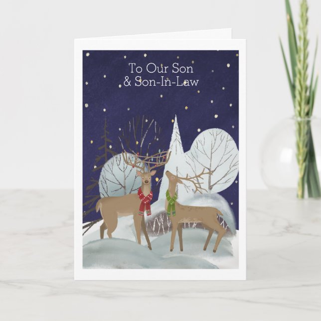 Christmas Two Male Deer Snow Scene Personalised Card (Front)