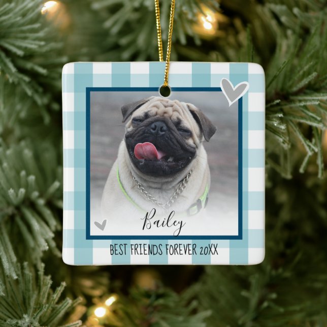Christmas Two Photo Blue Country Plaid Pet Ceramic Ornament (Tree)