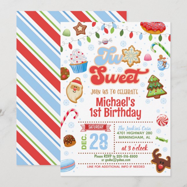 Christmas Two Sweet Birthday Invitation - Boy (Front/Back)