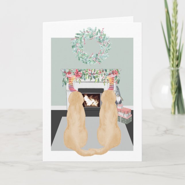 Christmas Two Yellow Labrador Dogs Fireplace Scene Holiday Card (Front)