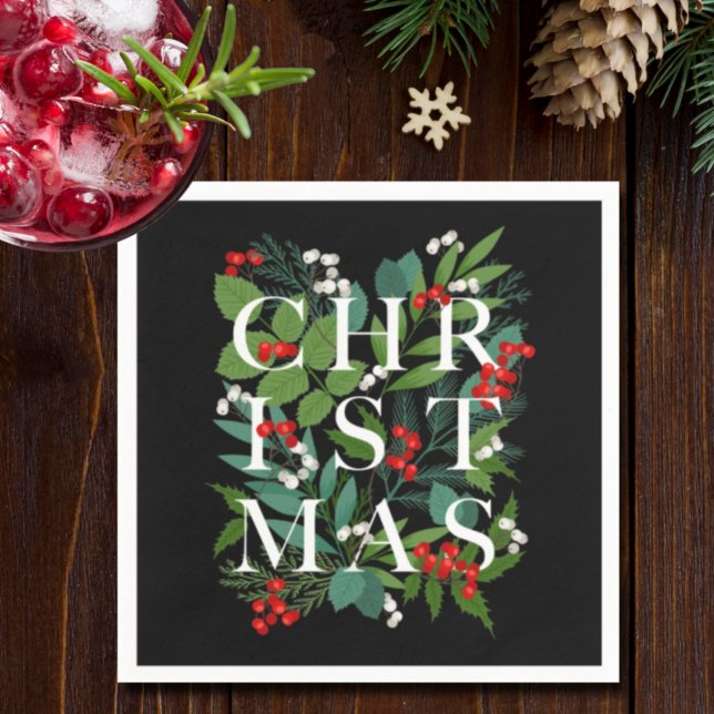 CHRISTMAS Typography Berries Greenery on Black Napkin (Creator Uploaded)