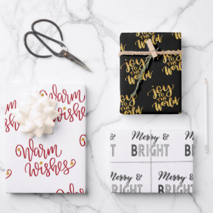 Christmas Typography Black Gold Red White Wrapping Paper Sheet