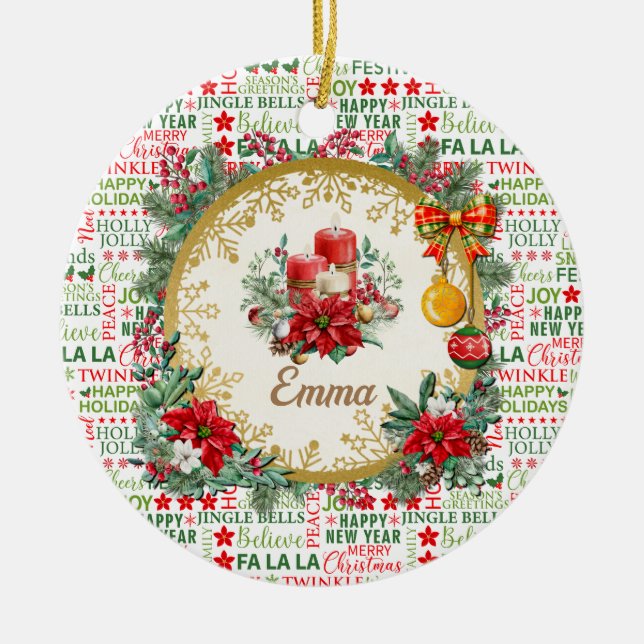 Christmas Typography Red & Green Seamless Pattern Ceramic Ornament (Front)