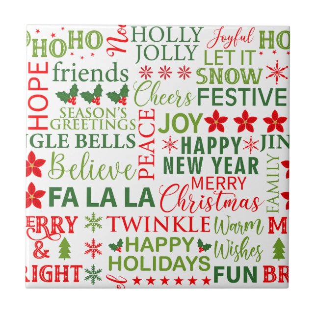 Christmas Typography Red & Green Seamless Pattern Ceramic Tile (Front)