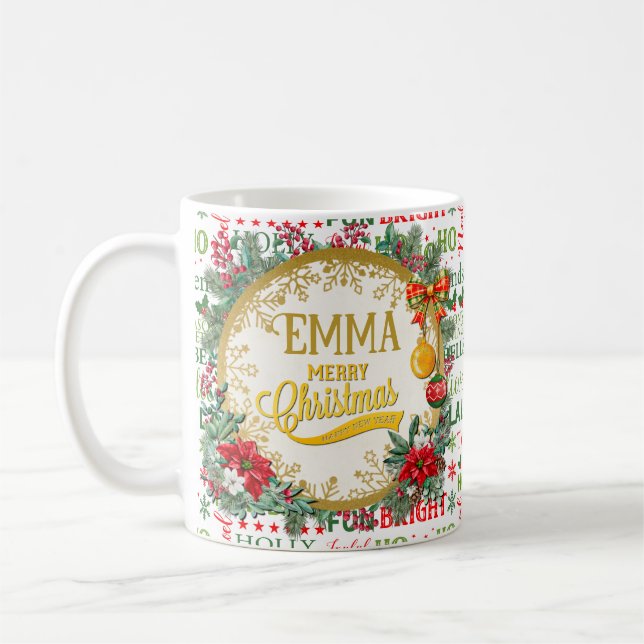 Christmas Typography Red & Green Seamless Pattern Coffee Mug (Left)