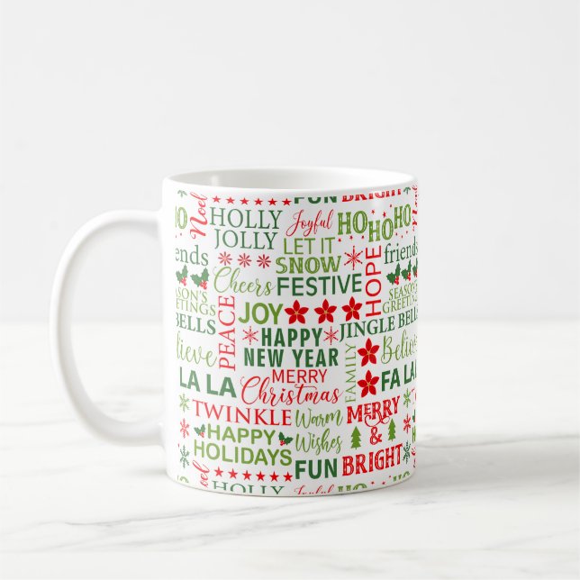 Christmas Typography Red & Green Seamless Pattern Coffee Mug (Left)