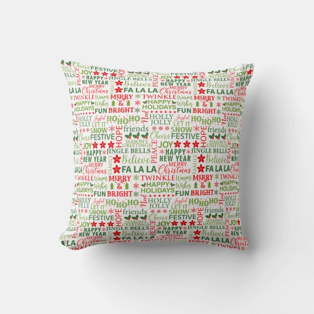 Christmas Typography Red & Green Seamless Pattern Cushion (Front)