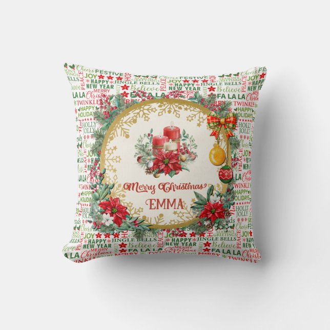 Christmas Typography Red & Green Seamless Pattern Cushion (Front)