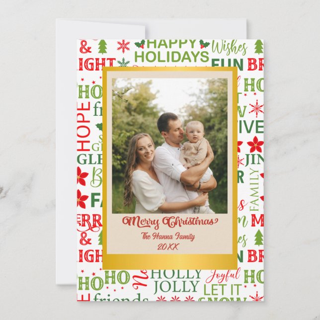 Christmas Typography Red & Green Seamless Pattern Holiday Card (Front)