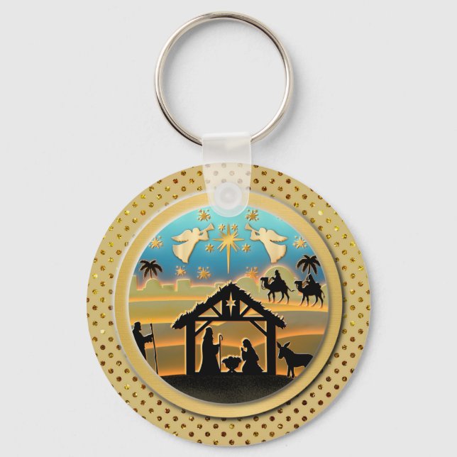 Christmas Typography Red & Green Seamless Pattern Key Ring (Front)