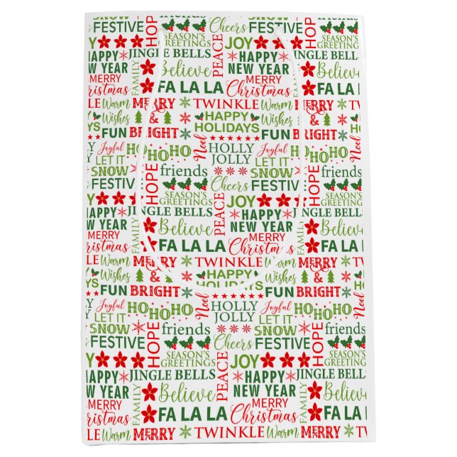 Christmas Typography Red & Green Seamless Pattern Medium Gift Bag (Front)