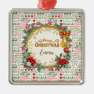 Christmas Typography Red & Green Seamless Pattern Metal Ornament
