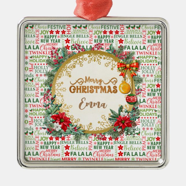 Christmas Typography Red & Green Seamless Pattern Metal Ornament (Front)