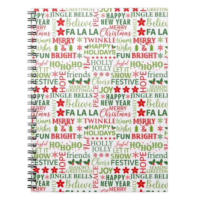 Christmas Typography Red & Green Seamless Pattern Notebook (Front)