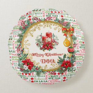 Christmas Typography Red & Green Seamless Pattern Round Cushion
