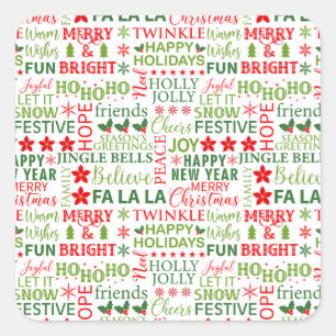Christmas Typography Red & Green Seamless Pattern Square Sticker