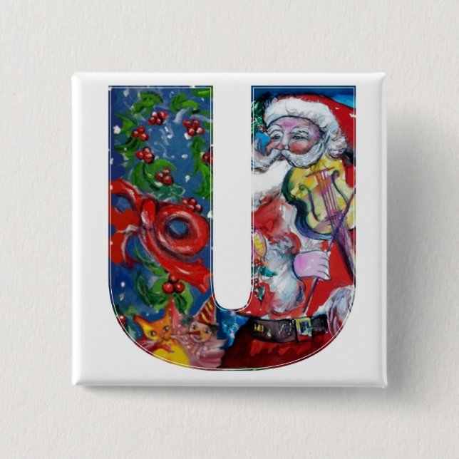 CHRISTMAS U LETTER / SANTA  WITH VIOLIN MONOGRAM 15 CM SQUARE BADGE (Front)