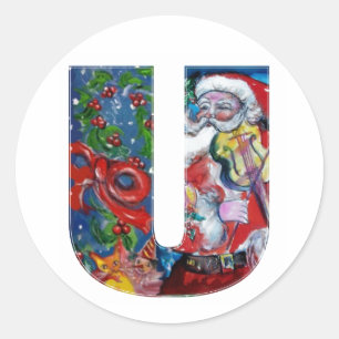 CHRISTMAS U LETTER  / SANTA WITH VIOLIN MONOGRAM CLASSIC ROUND STICKER