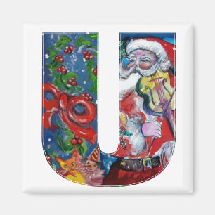 CHRISTMAS U LETTER / SANTA WITH VIOLIN MONOGRAM MAGNET