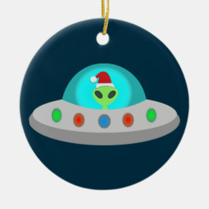 Christmas UFO Ho Ho Alien flying saucer Ceramic Ornament