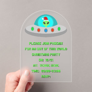 Christmas UFO Ho Ho Alien flying saucer Custom Acrylic Invitations