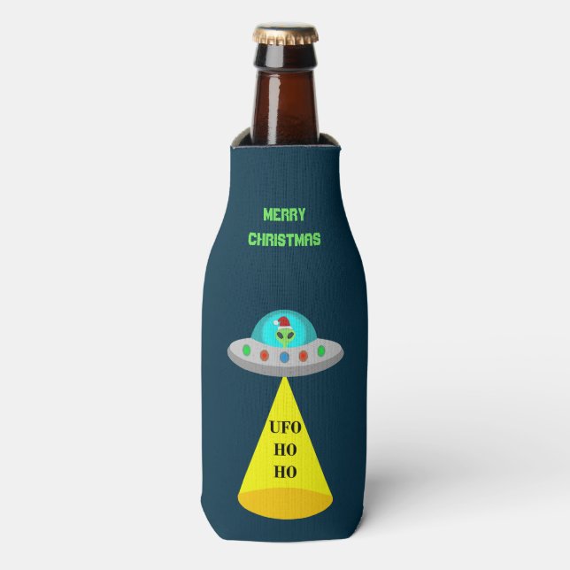 Christmas UFO Ho Ho Alien flying saucer Custom Bottle Cooler (Bottle Front)