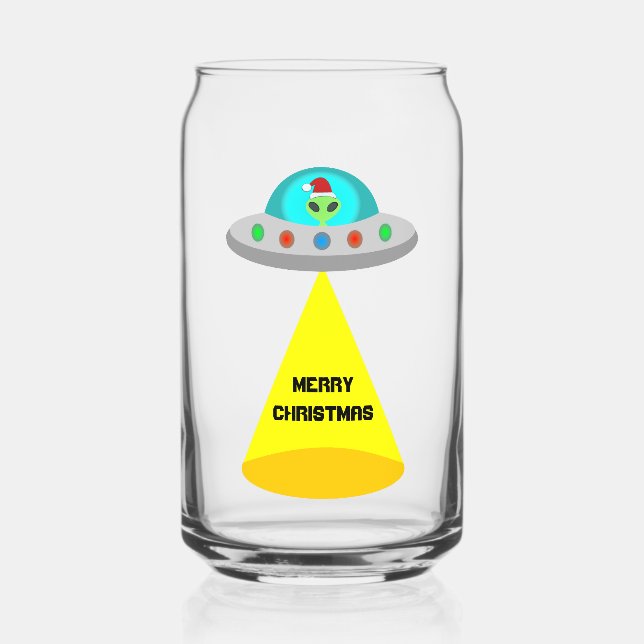 Christmas UFO Ho Ho Alien flying saucer Custom Can Glass (Front)