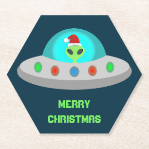 Christmas UFO Ho Ho Alien flying saucer Custom Paper Coaster